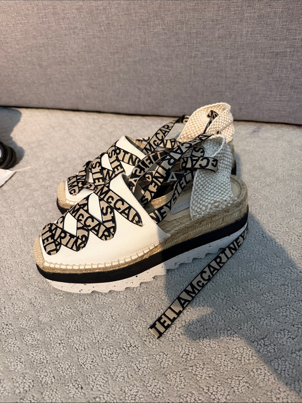 Stella McCartney Cream Platform Espadrille Sandals with Logo Ribbon